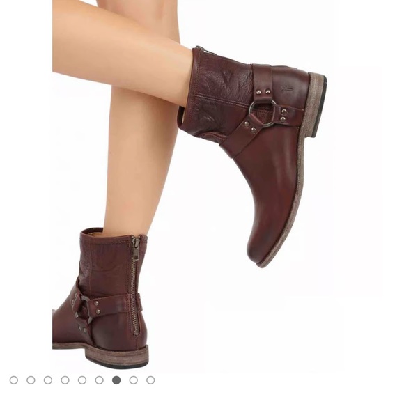 Frye Shoes - • Frye • Women’s Philip Harness Boots Cognac Brown Leather Ankle with Zipper 7.5